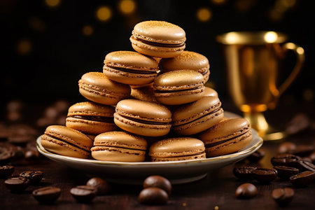 Coffee macaroons in candy bar, rich interior with light at nightの素材