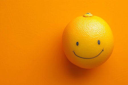 Happy smiling orange on yellow background, copy space for textの素材