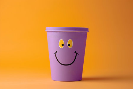 Happy smiling pink paper cup on orange background, copy space for textの素材