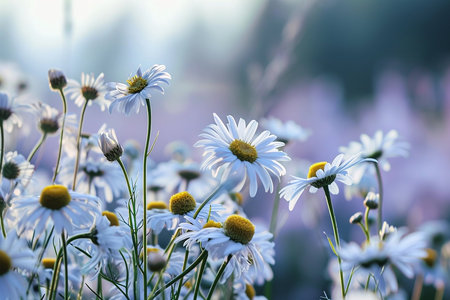 Beautiful spring morning sunrise over fresh green meadow with daisies, sunny dayの素材