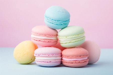 Rainbow pastel macaroons in candy bar, rich interior with light at nightの素材