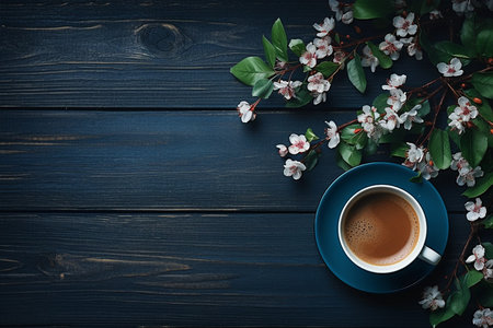 Flat lay with blossom with coffee cup and copy space, rustic minimalist backgroundの素材