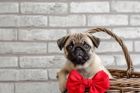 Cute pug puppy with red bow in basket, rustic brick wall on background. National Puppy Dayの素材