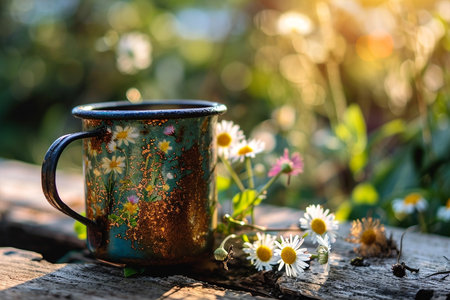 Rustic enameled blue mug with daisy flowers, beautiful sunny garden on backgroundの素材