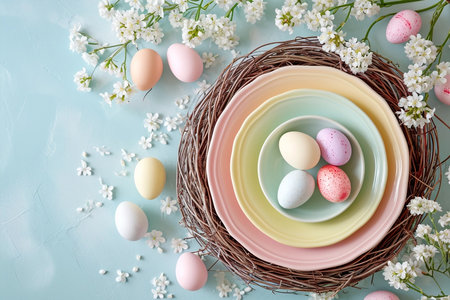 Easter rainbow pastel table setting for dinner with ceramic plates, blossom branches and easter eggsの素材