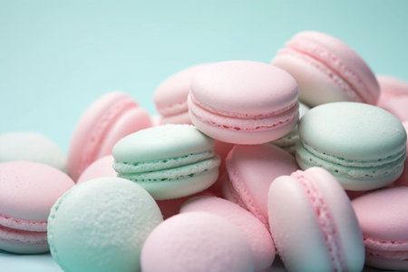 Pink mint pastel macaroons in candy bar, rich interior with light at nightの素材
