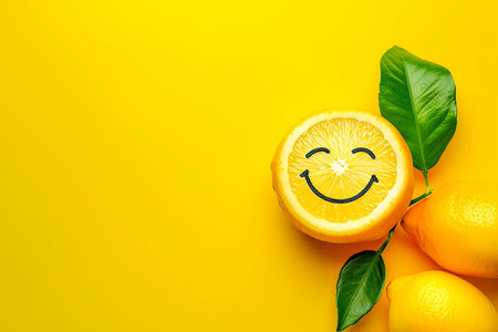 Happy smiling lemon on yellow background, copy space for textの素材