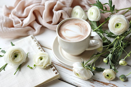 Blank open notebook on wooden rustic background with cup of coffee, still lifeの素材