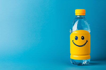 Happy face emoji drinking water bottle on blue background, copy space for textの素材