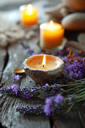 Spa, purple salts and lit candle on rustic wooden table with lilac flowersの素材