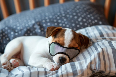 Cute puppy sleeping in bed and wearing blue sleeping mask, night lamp on background. World Sleep Dayの素材