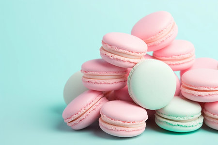 Pink mint pastel macaroons in candy bar, rich interior with light at nightの素材