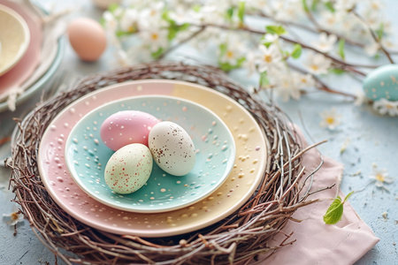 Easter rainbow pastel table setting for dinner with ceramic plates, blossom branches and easter eggsの素材