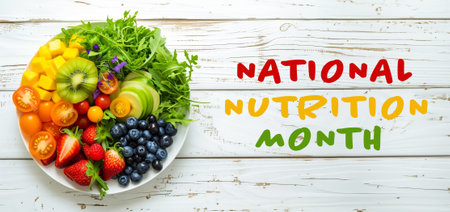 Food background with assortment of fresh organic colorful vegetables. National nutrition monthの素材