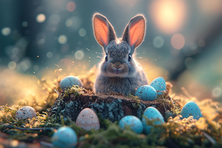 Cute baby Easter rabbit sitting on stump in spring forest, pastel colored eggsの素材
