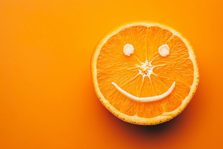Happy smiling orange on yellow background, copy space for textの素材
