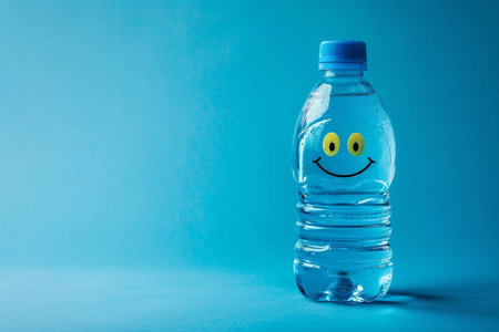 Happy face emoji drinking water bottle on blue background, copy space for textの素材