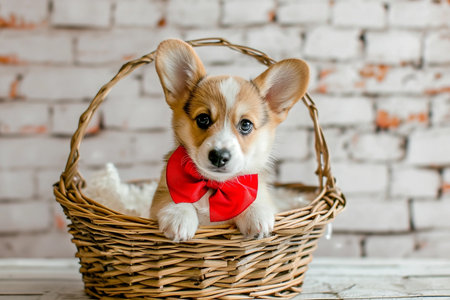 Cute Corgi puppy with red bow in basket, rustic brick wall on background. National Puppy Dayの素材