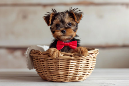 Cute Yorkshire puppy with red bow in basket, rustic brick wall on background. National Puppy Dayの素材