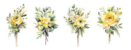 Watercolor floral wedding boutonniere in light olive yellow gray, isolated on white wedding stickersの素材