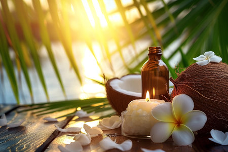 Spa bottles with coconut essential oil and spa products in beautiful sunset lightの素材