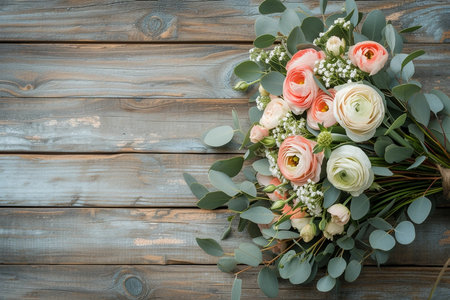 Banner with pink ranunculus and eucalyptus branches on dark wooden background with copy spaceの素材