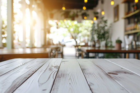 Closeup of white wooden table, cafe and bar on background, bokehの素材