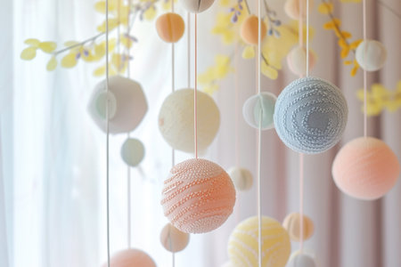 Scandinavian baby crib mobile with textile stars and flowers in pastel colorsの素材