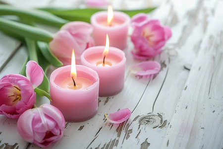 Pink yellow tulip flowers, lit candles on rustic wooden background. Greeting card conceptの素材
