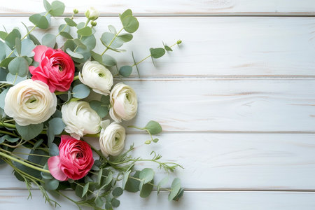 Banner with pink ranunculus and eucalyptus branches on white wooden background with copy spaceの素材