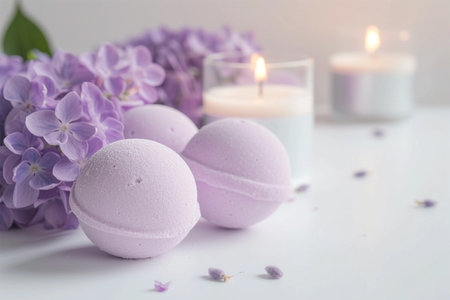 Lavender bath bombs with hortensia on white table, spa arrangement with lit candleの素材