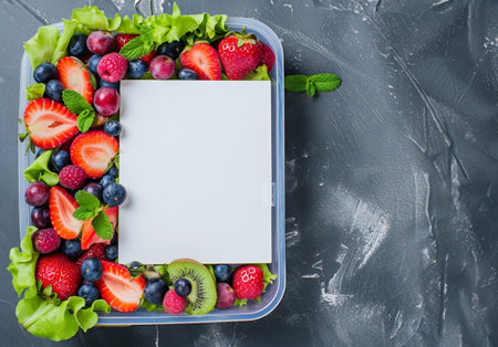 Empty open notebook and colorful berries in lunch box, flat layの素材