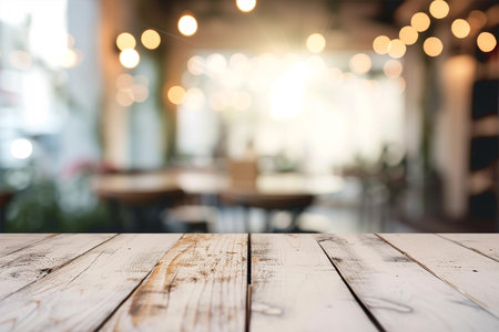 Closeup of white wooden table, cafe and bar on background, bokehの素材