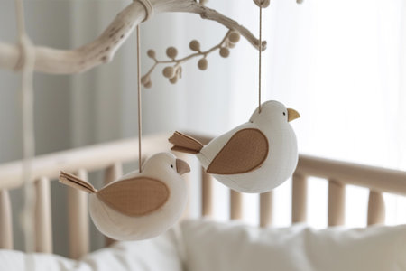 Scandinavian baby crib mobile with wooden birds in natural colorsの素材