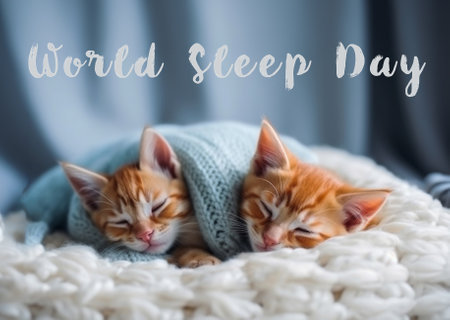 Two ginger cute kittens friends sleeping together on knitted blue sweater. Generative AIの素材