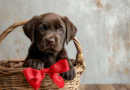 Cute brown labrador puppy with red bow in basket, rustic brick wall on background. National Puppy Dayの素材