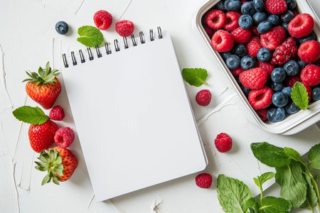 Empty open notebook and colorful berries in lunch box, flat layの素材
