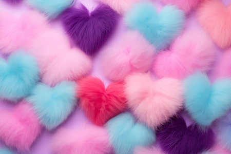 Colorful pastel furry hearts pattern on pastel background, flat layの素材