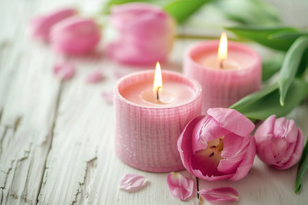 Pink yellow tulip flowers, lit candles on rustic wooden background. Greeting card conceptの素材