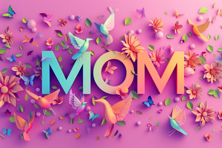Happy Mother's Day greeting card and beautiful pink flowers and birds on colorful backgroundの素材