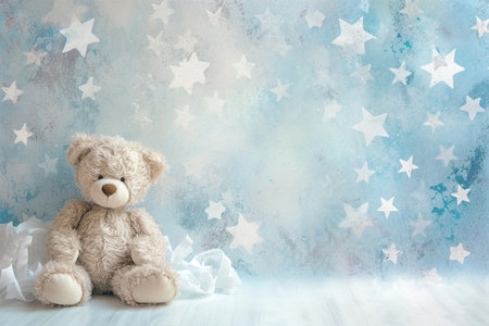 Baby shower party invitation with little teddy bear, pastel blue white starry backgroundの素材