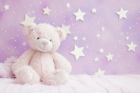 Baby shower party invitation with little teddy bear, pastel pink white starry backgroundの素材