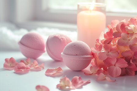 Orange pink bath bombs with hortensia on white table, spa arrangement with lit candleの素材