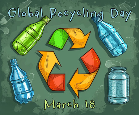 Global recycling day poster, illustration with bottles, March 18の素材