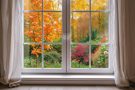 White tall window sill with autumn garden on background, copy spaceの素材