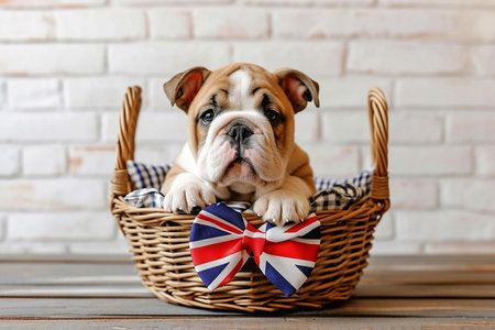 Cute bulldog puppy with Union Jack bow in basket, rustic brick wall on background. National Puppy Dayの素材