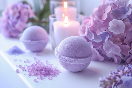 Lavender bath bombs with hortensia on white table, spa arrangement with lit candleの素材