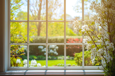 White tall window sill with spring garden on background, copy spaceの素材