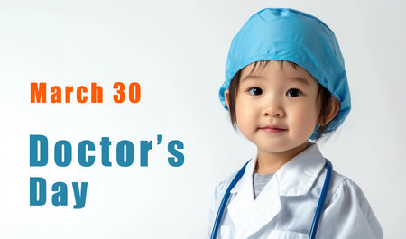 National Doctor's Day. Asian Child Doctor in a white coat on a gray backgroundの素材