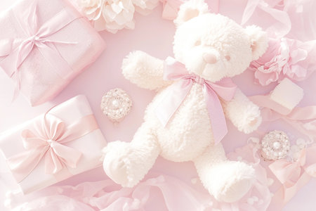 Baby shower party invitation with little teddy bear, pastel pink white starry backgroundの素材